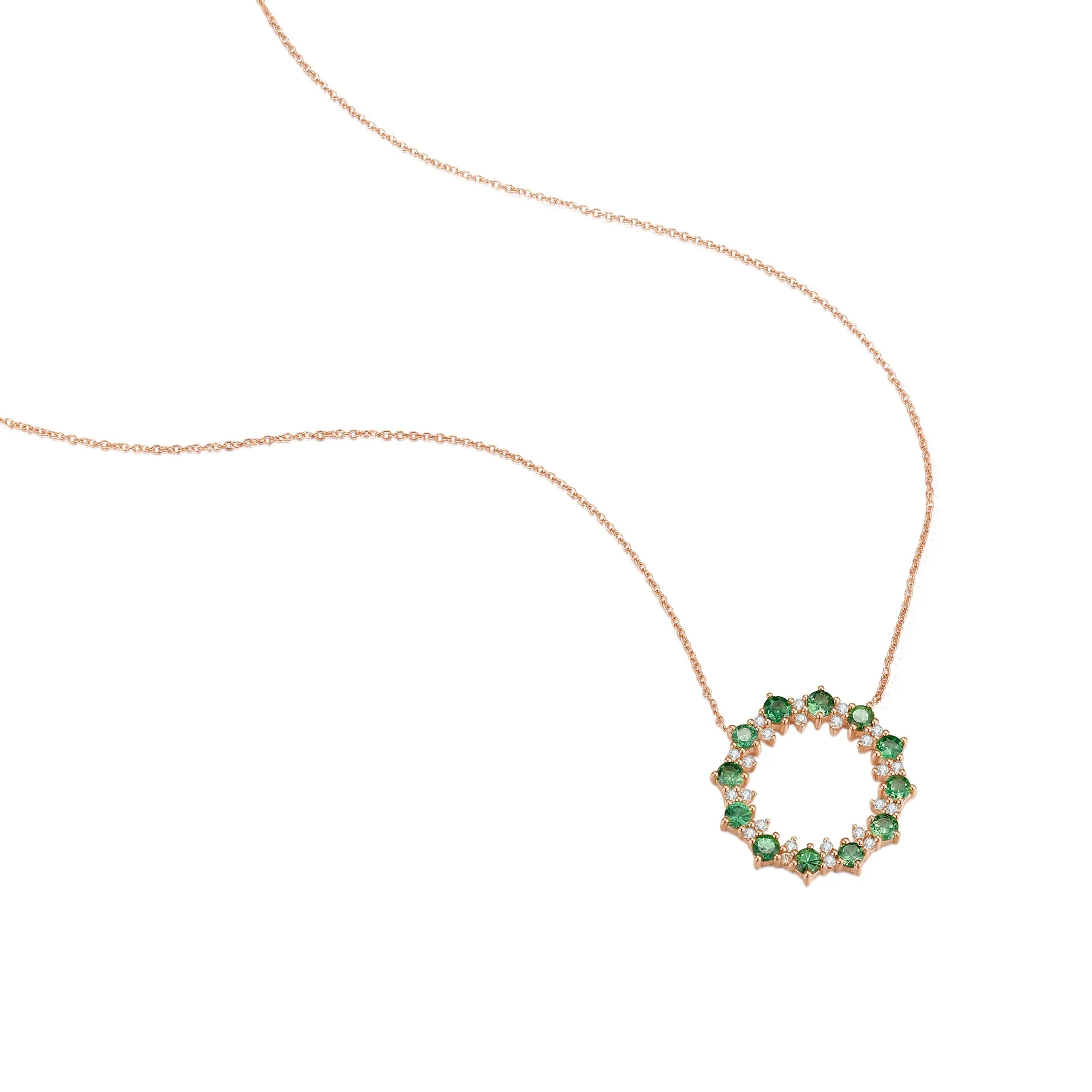 14K Solid Gold Natural 0.181ct Diamond (G-H, SI1-SI2) Green Sapphire Round Circle Pendant Necklace