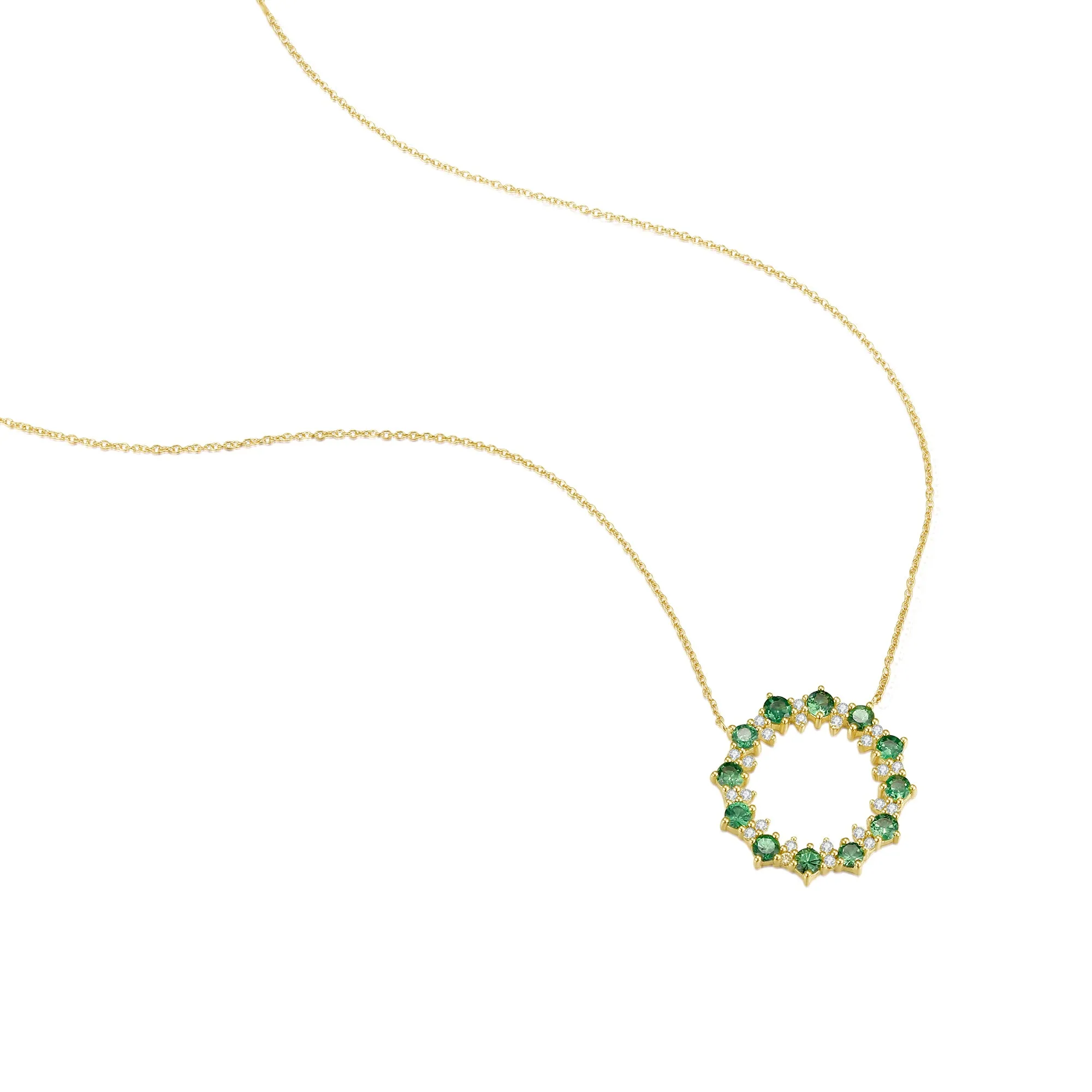 14K Solid Gold Natural 0.181ct Diamond (G-H, SI1-SI2) Green Sapphire Round Circle Pendant Necklace