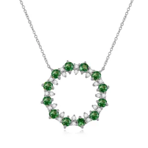14K Solid Gold Natural 0.181ct Diamond (G-H, SI1-SI2) Green Sapphire Round Circle Pendant Necklace
