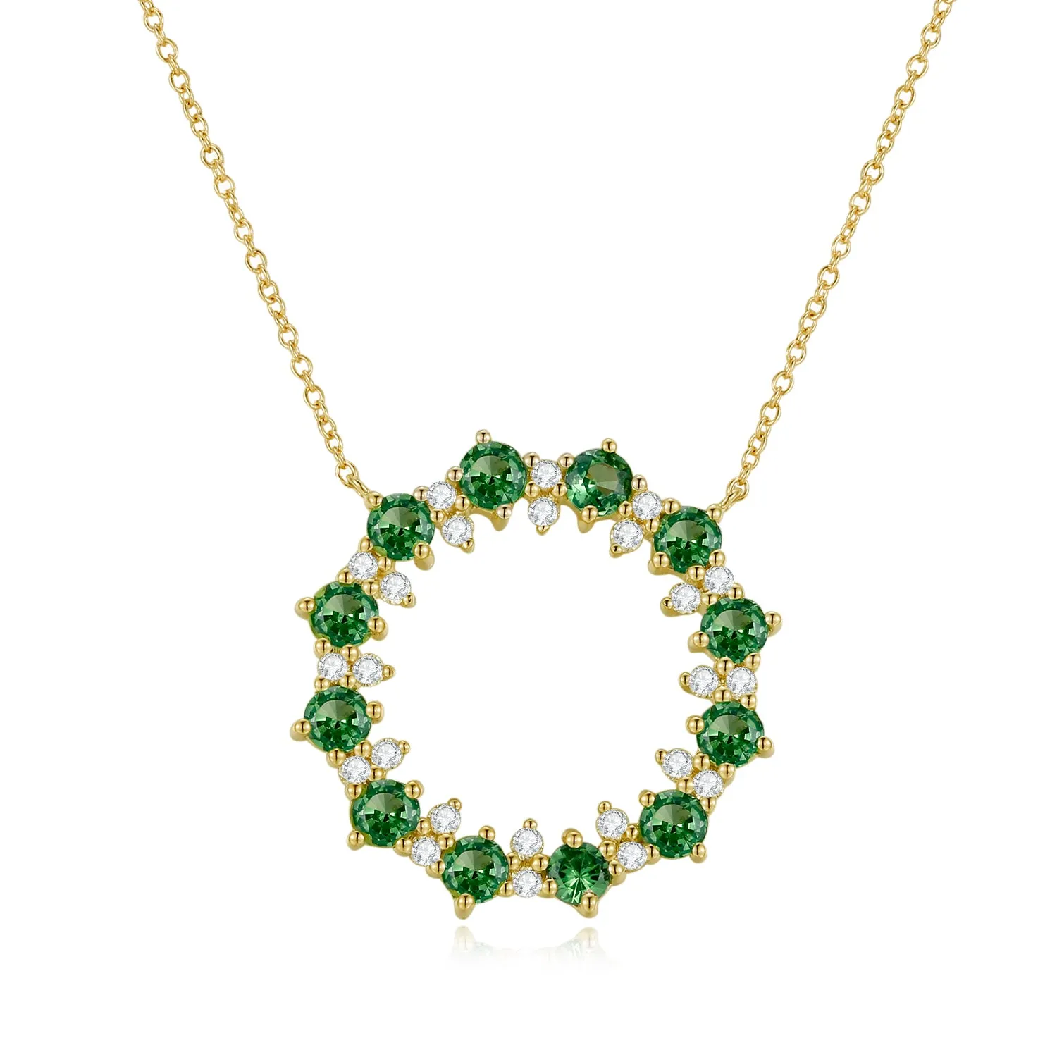 14K Solid Gold Natural 0.181ct Diamond (G-H, SI1-SI2) Green Sapphire Round Circle Pendant Necklace