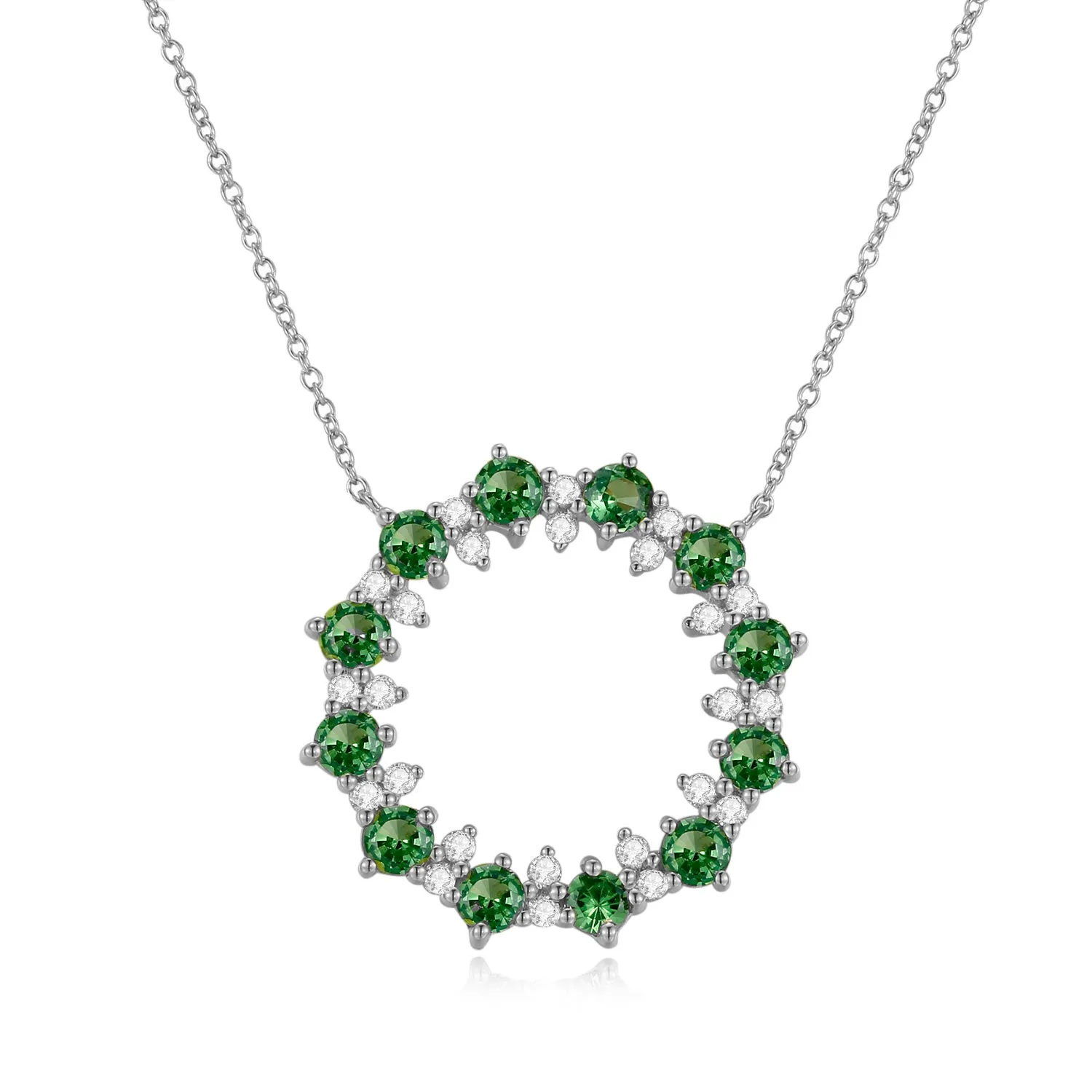 14K Solid Gold Natural 0.181ct Diamond (G-H, SI1-SI2) Green Sapphire Round Circle Pendant Necklace