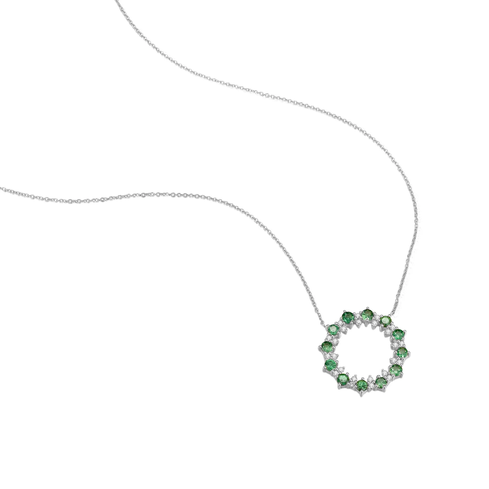 14K Solid Gold Natural 0.181ct Diamond (G-H, SI1-SI2) Green Sapphire Round Circle Pendant Necklace