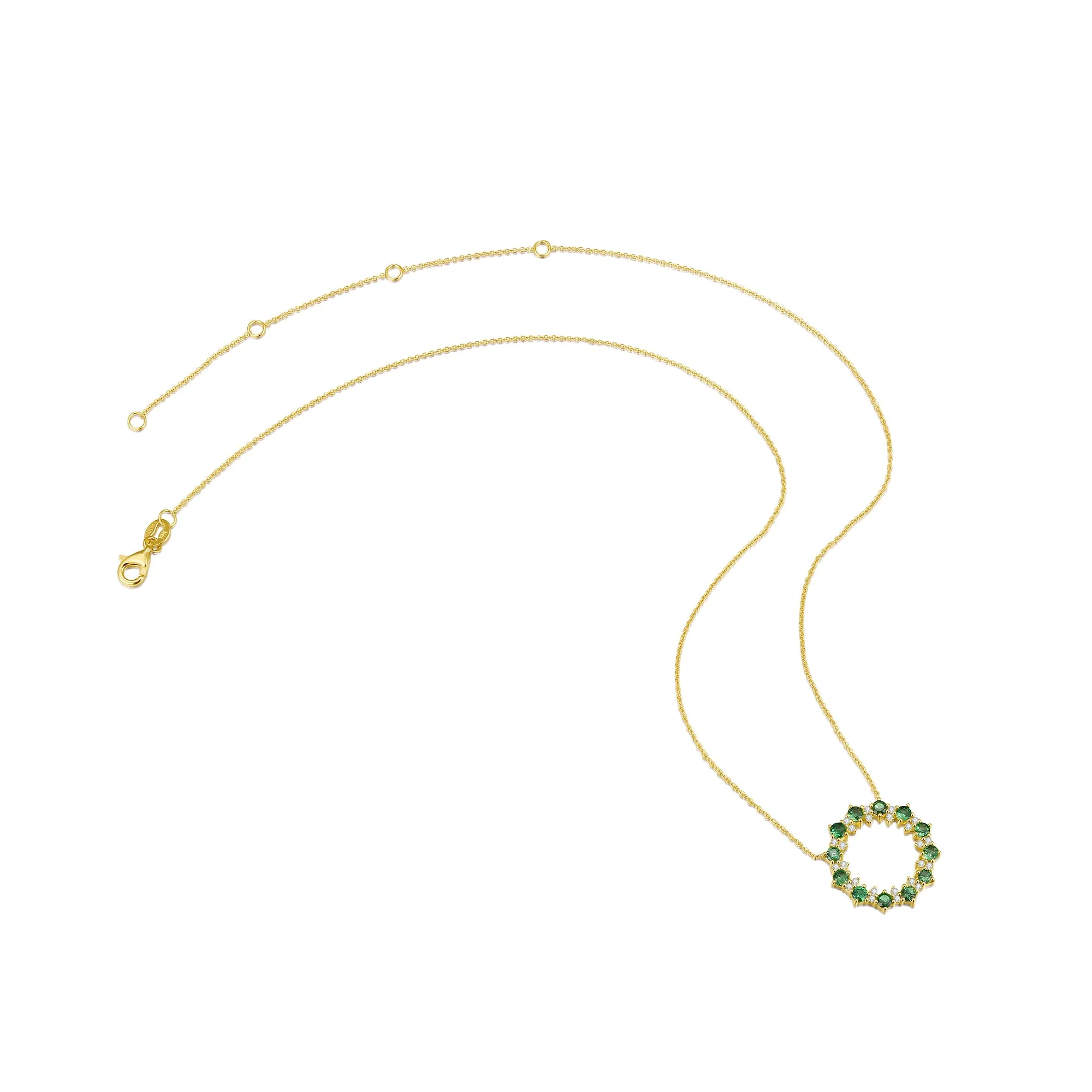 14K Solid Gold Natural 0.181ct Diamond (G-H, SI1-SI2) Green Sapphire Round Circle Pendant Necklace