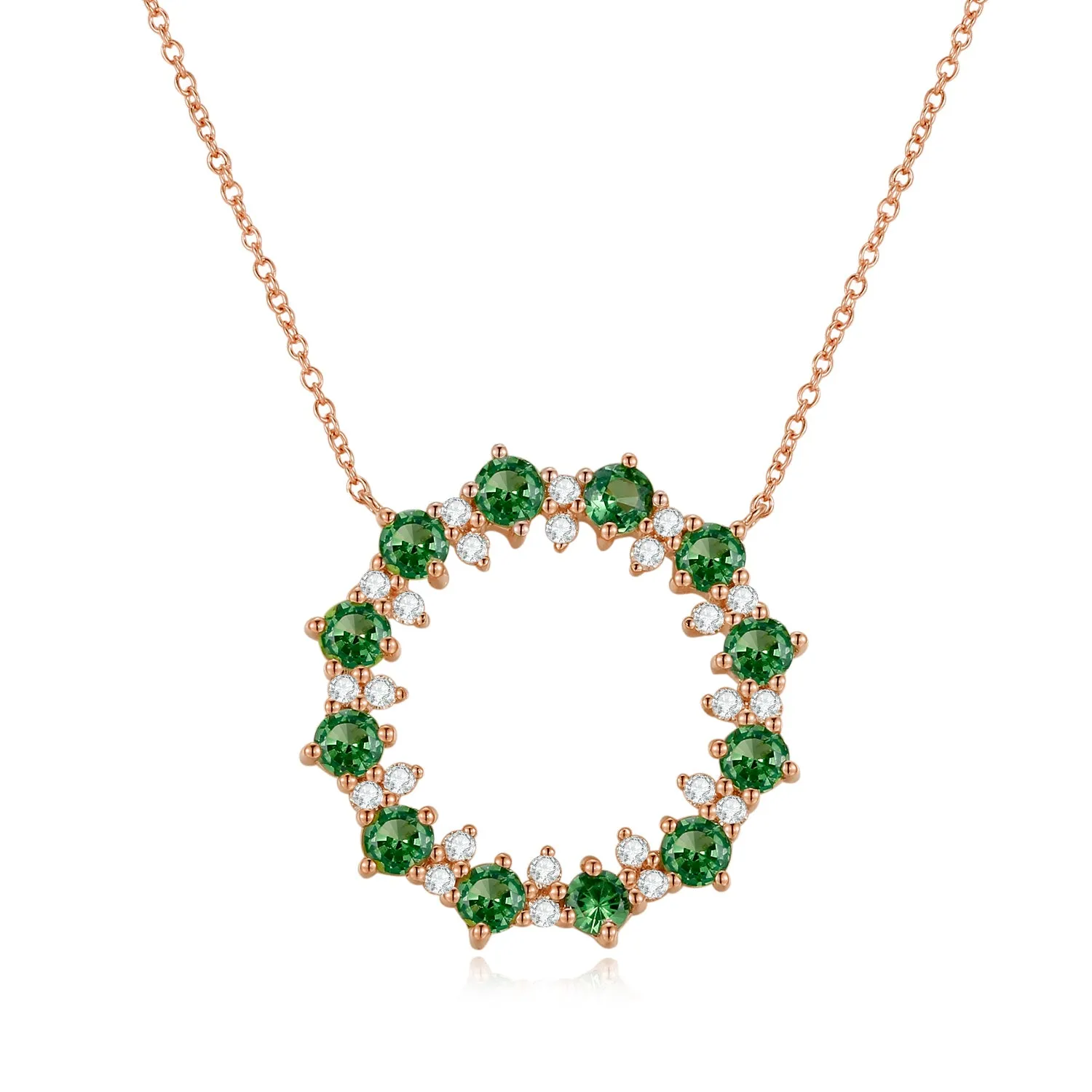 14K Solid Gold Natural 0.181ct Diamond (G-H, SI1-SI2) Green Sapphire Round Circle Pendant Necklace