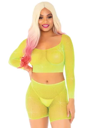 2 PC Rhinestone Fishnet Crop Top and Biker Shorts Yellow