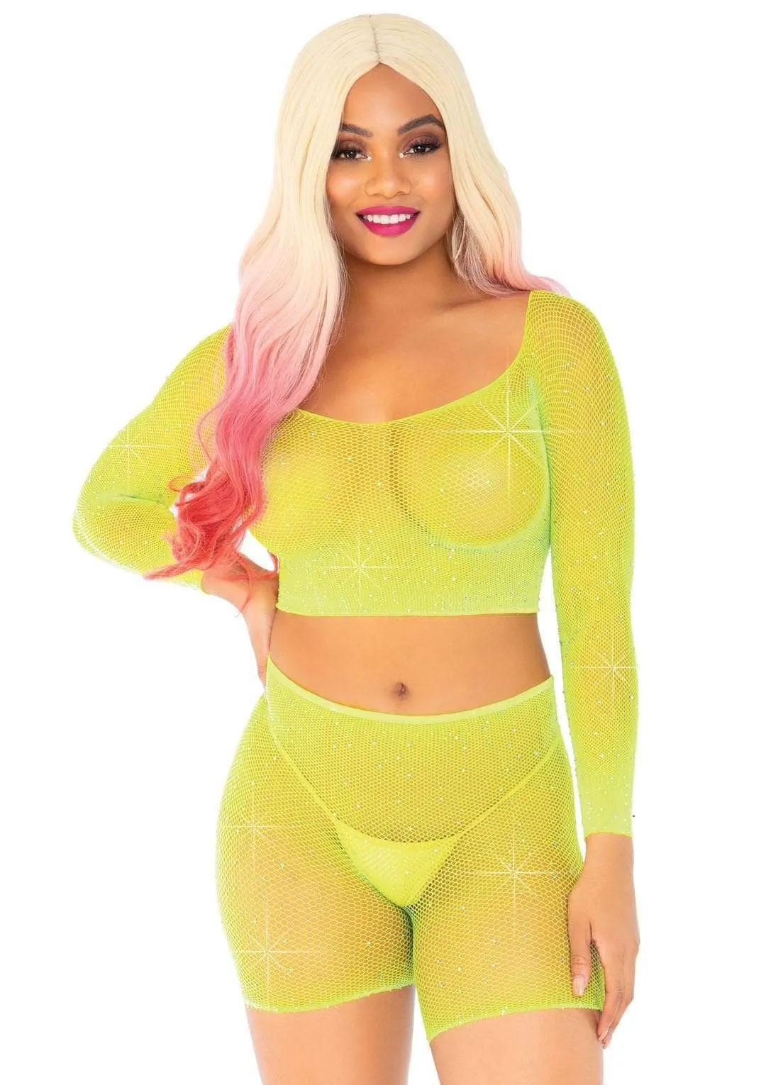 2 PC Rhinestone Fishnet Crop Top and Biker Shorts Yellow