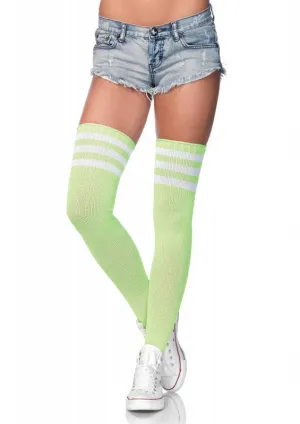 3 Stripes Athletic Ribbed Thigh Highs - Neon Green - One Size