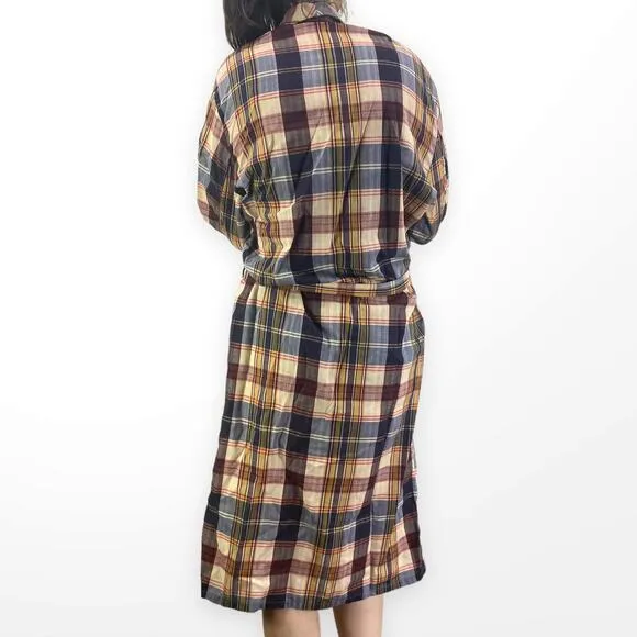 90s CRESCENT ROBES Vintage Brown Plaid Collared Tie Waist Robe
