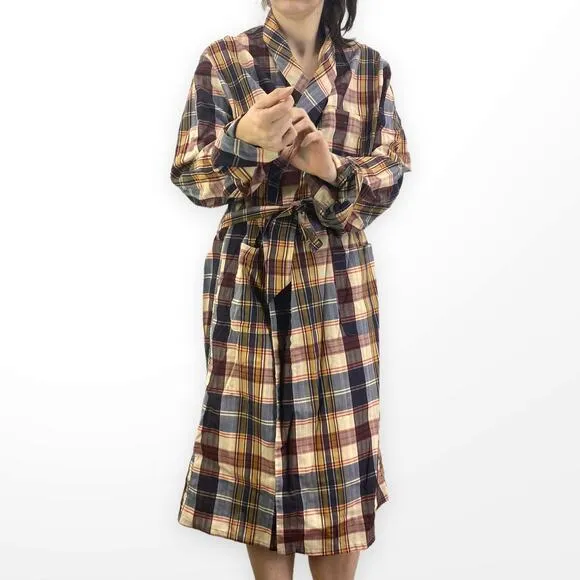 90s CRESCENT ROBES Vintage Brown Plaid Collared Tie Waist Robe