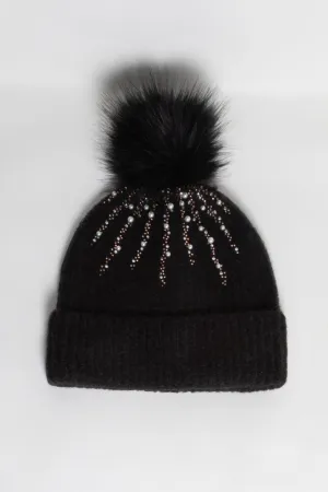ABB0982 - STONE & GLITTER WITH FAUX FUR POM BEANIE