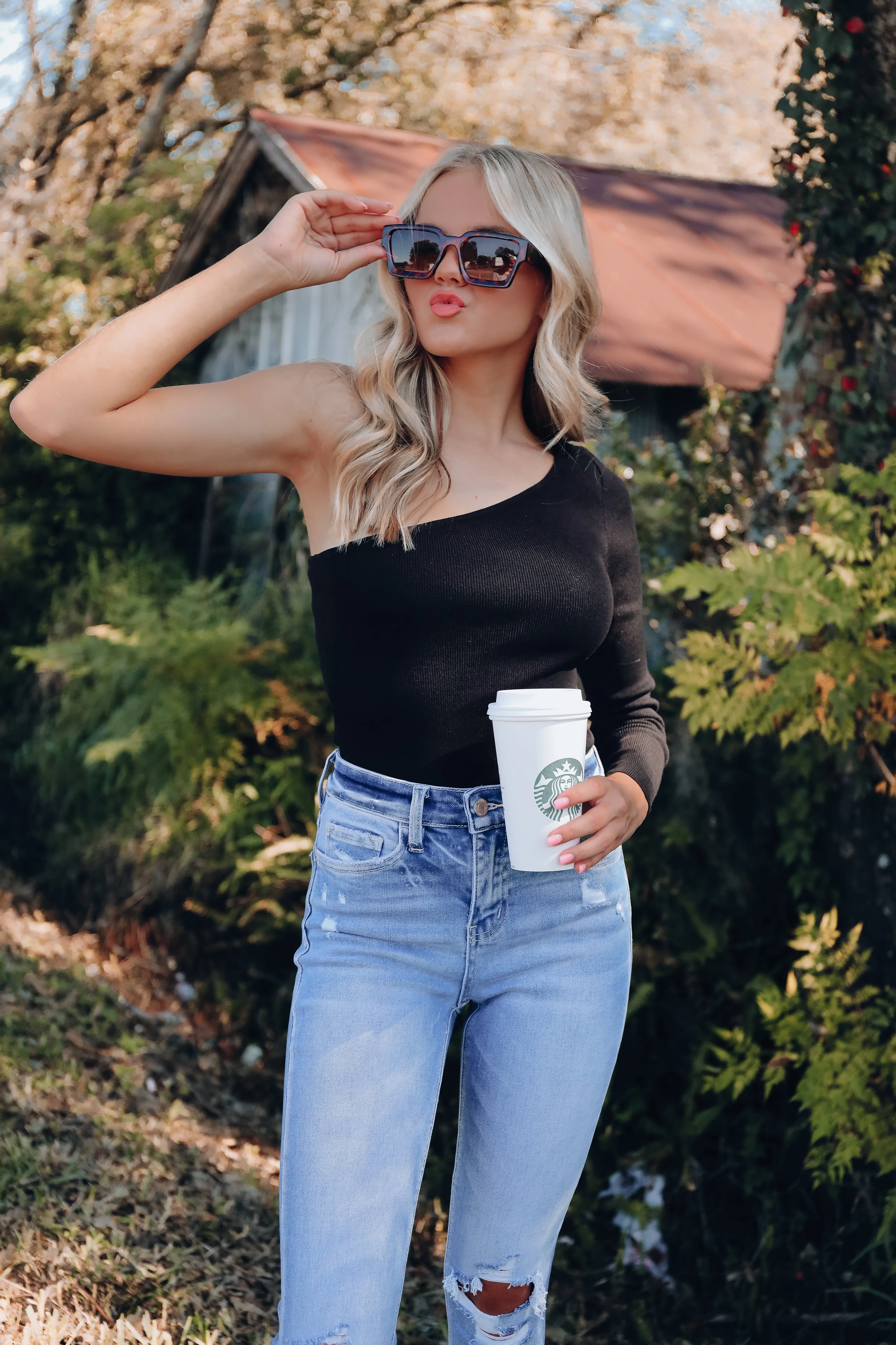 All In One Shoulder Ribbed Bodysuit - Black