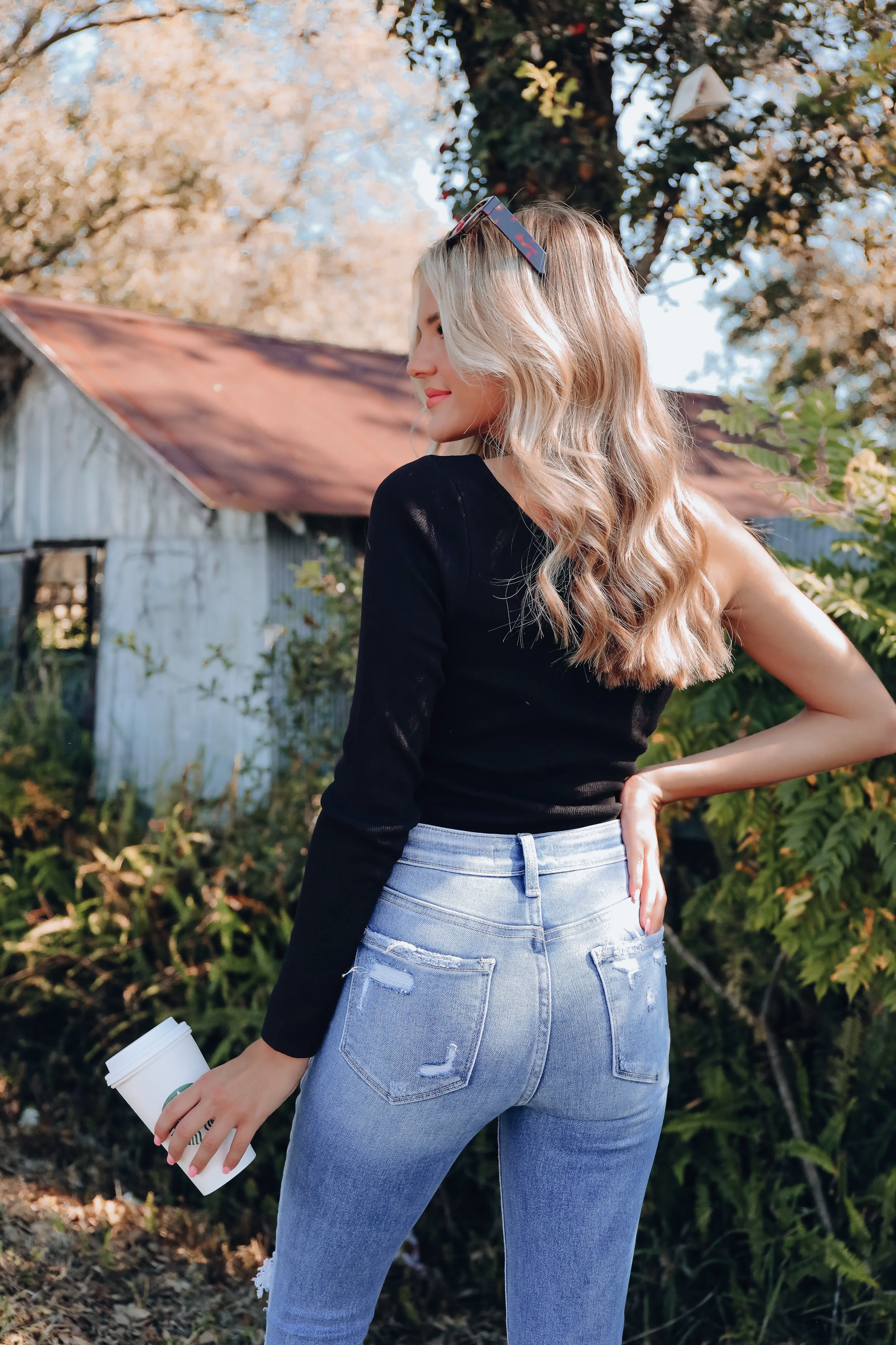 All In One Shoulder Ribbed Bodysuit - Black