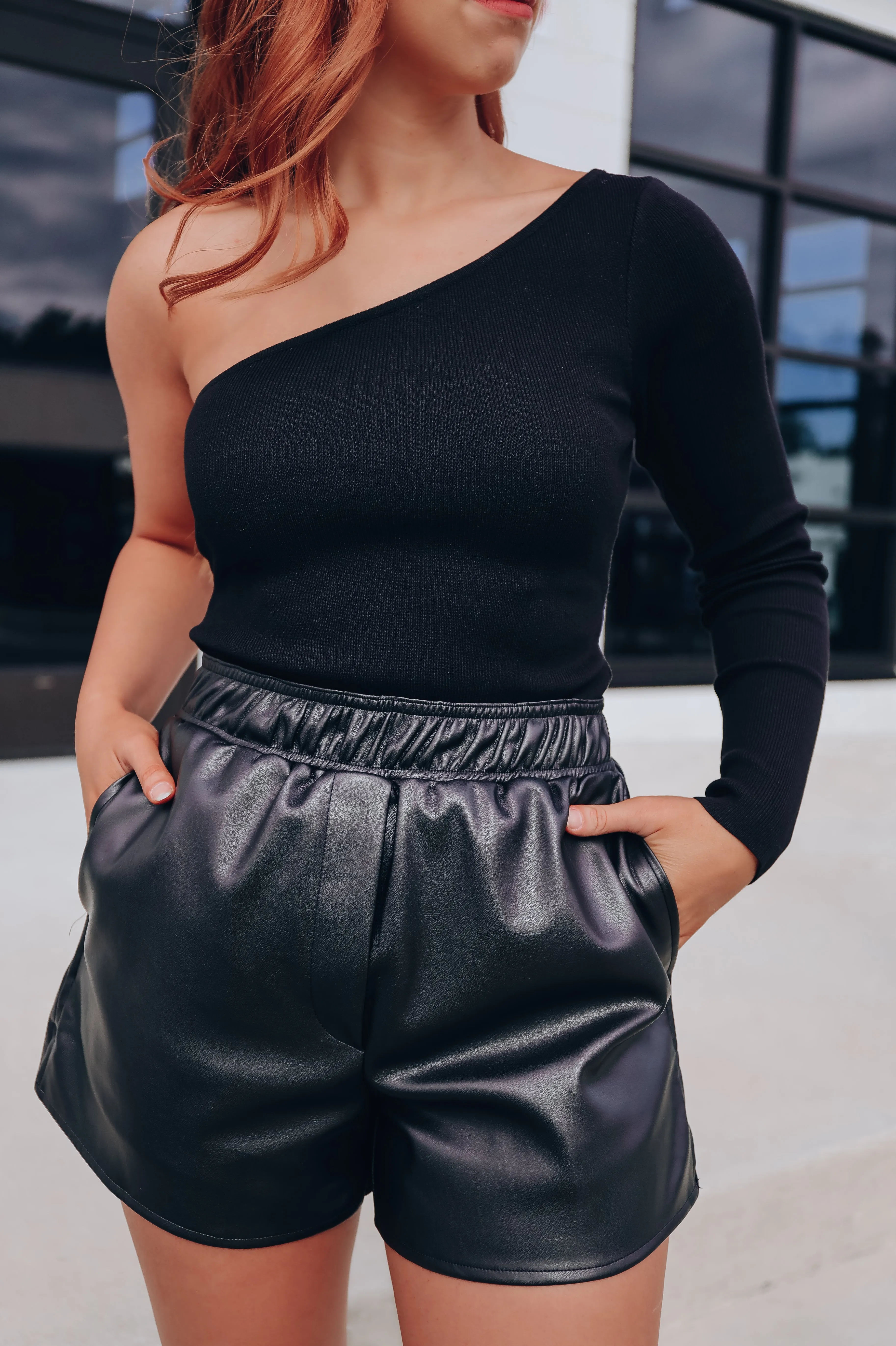 All In One Shoulder Ribbed Bodysuit - Black