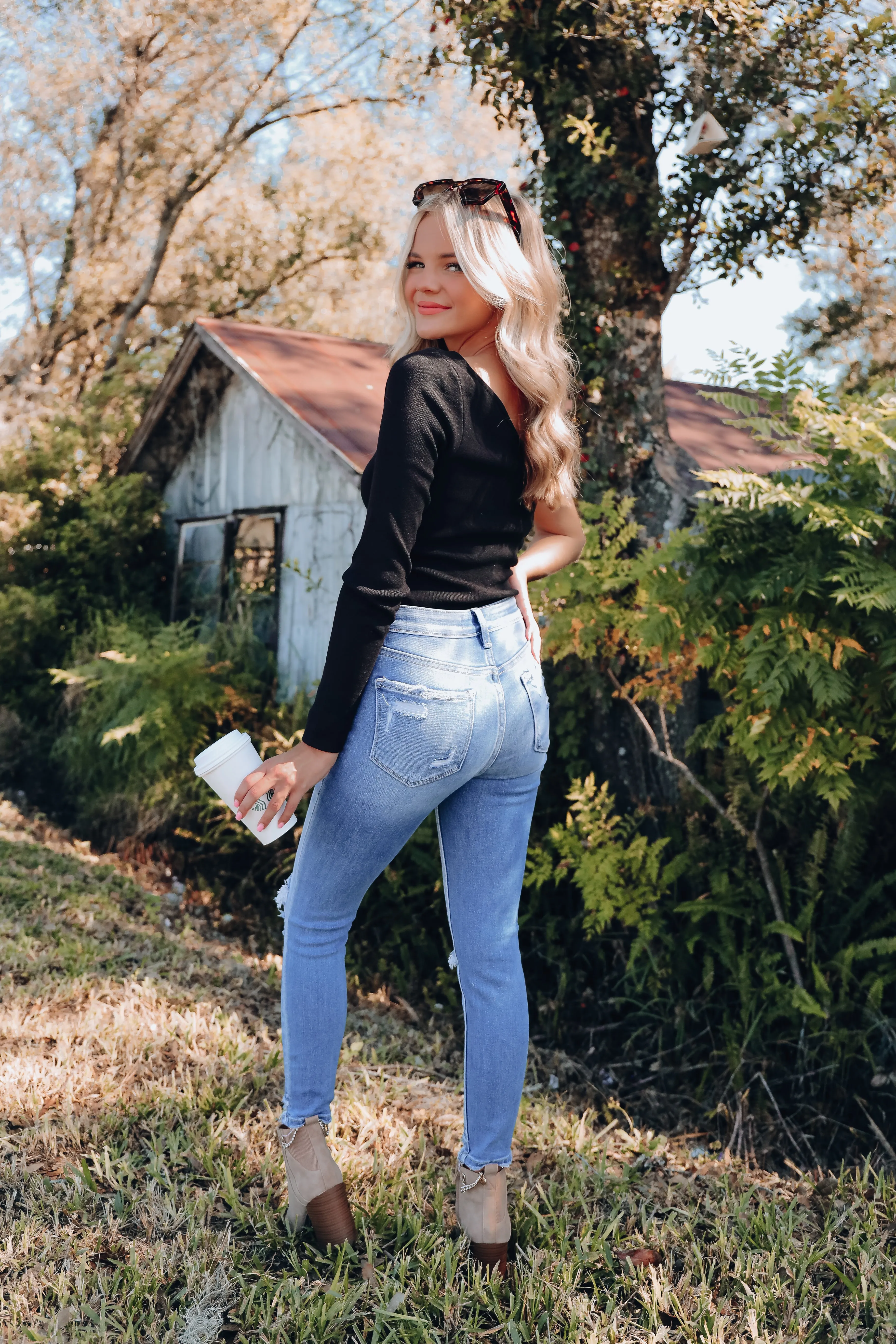 All In One Shoulder Ribbed Bodysuit - Black