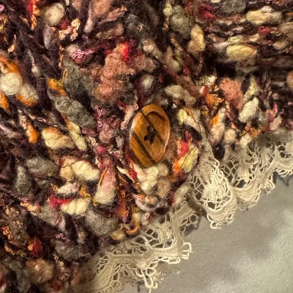 Anthropologie HWR Lace Trim Multicolor Chunky Wool Cardigan Sweater Size M