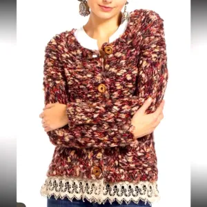 Anthropologie HWR Lace Trim Multicolor Chunky Wool Cardigan Sweater Size M