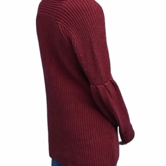 ANTHROPOLOGIE knitted &amp; knotted balloon sleeve burgundy wine cardigan NEW size M
