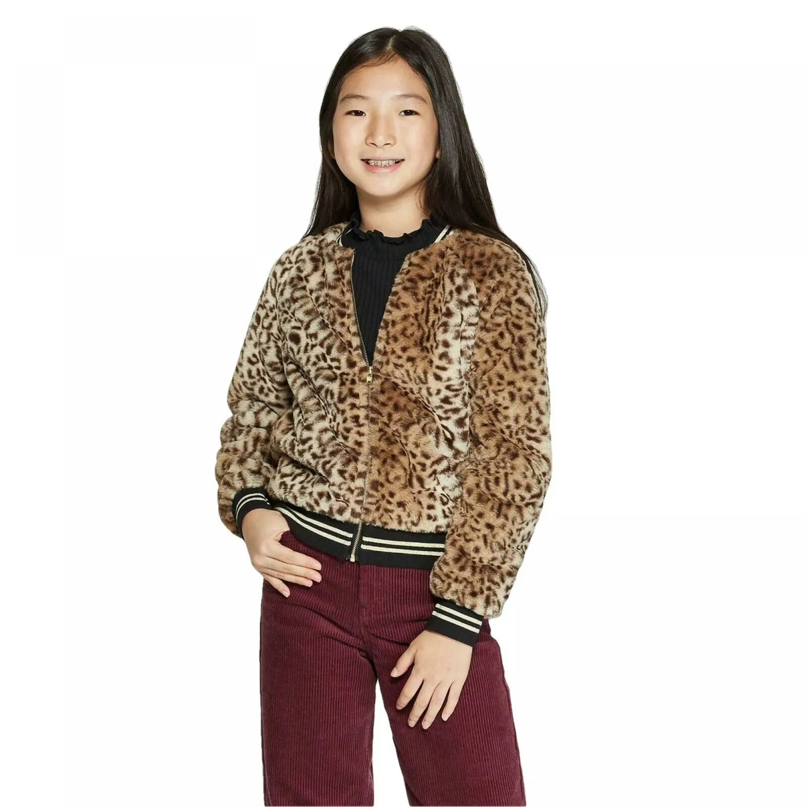 Art Class Girls' Faux Fur Animal Bomber Jacket