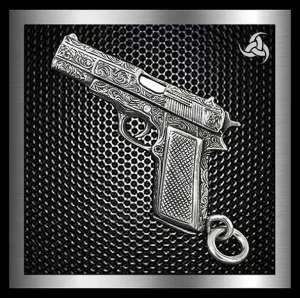 Biker Gun Pendant Engraved Colt 1911 Automatic Solid Sterling Silver
