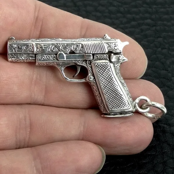 Biker Gun Pendant Engraved Colt 1911 Automatic Solid Sterling Silver