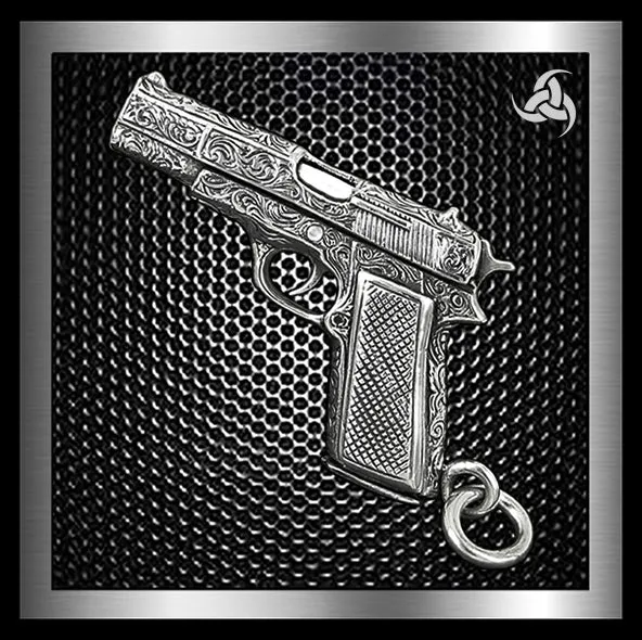 Biker Gun Pendant Engraved Colt 1911 Automatic Solid Sterling Silver