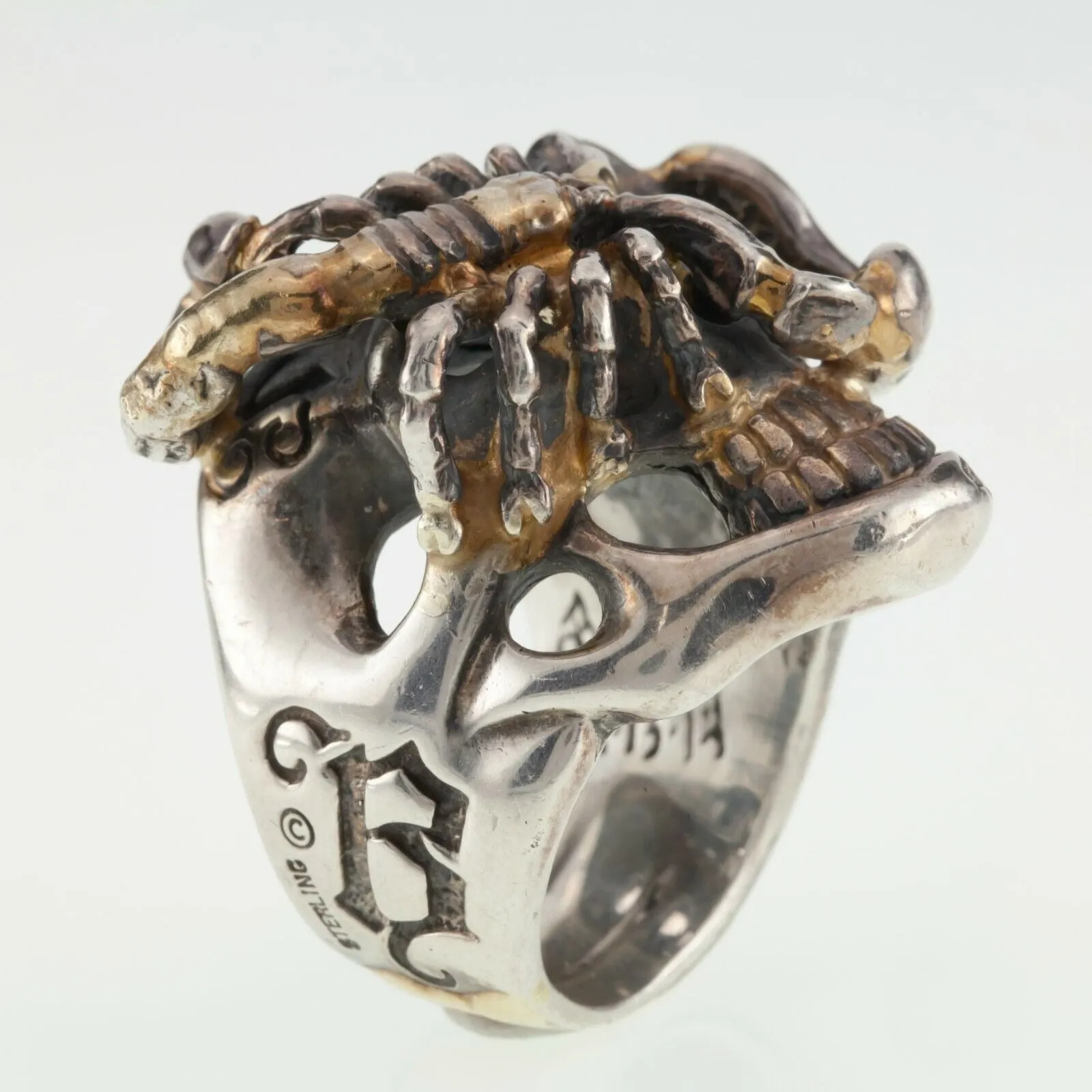 Bill Wall Leather Sterling Silver Custom Master Ring Skull Scorpion Gold Overlay