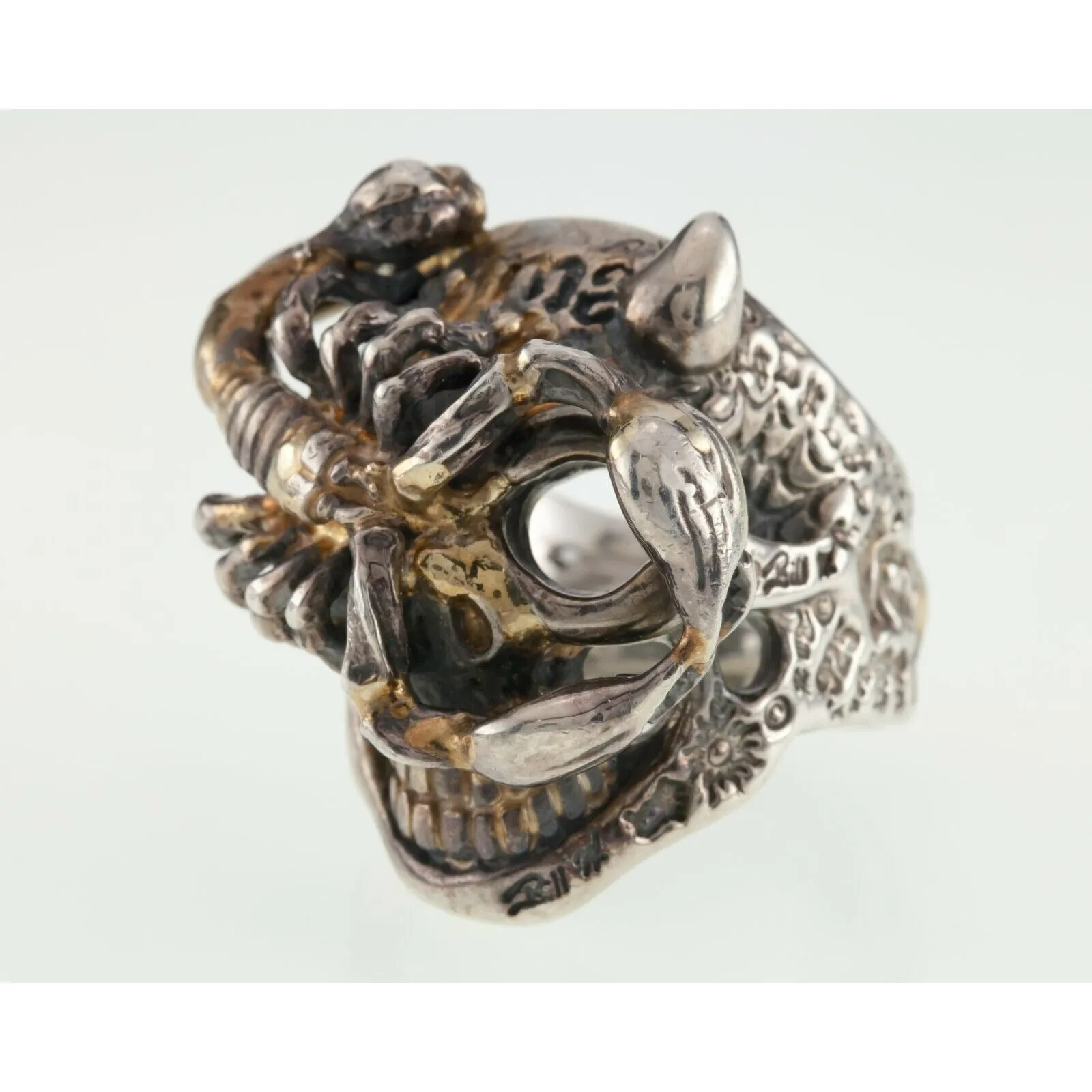 Bill Wall Leather Sterling Silver Custom Master Ring Skull Scorpion Gold Overlay
