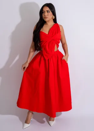 Botanical Bow Midi Dress Red