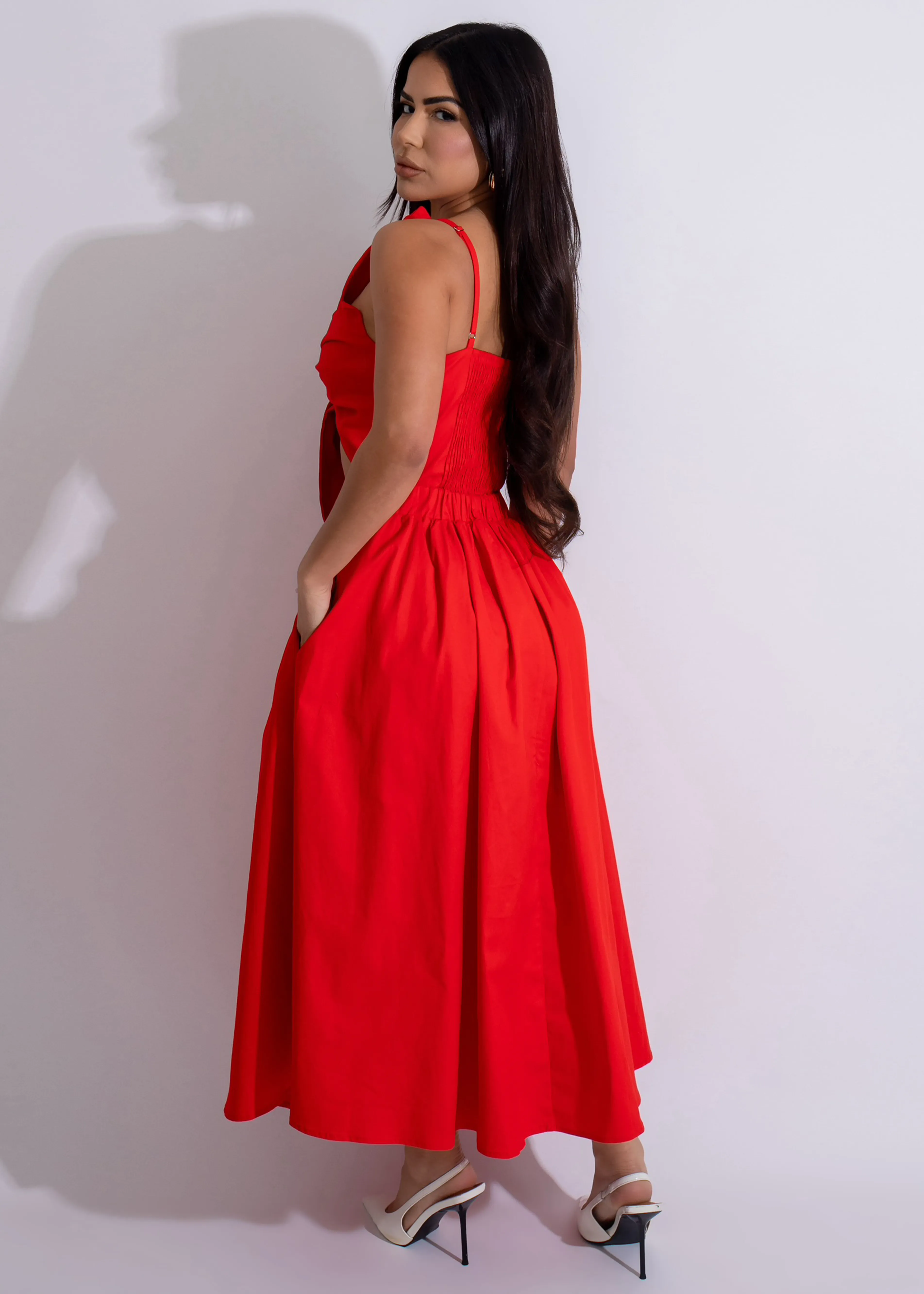 Botanical Bow Midi Dress Red