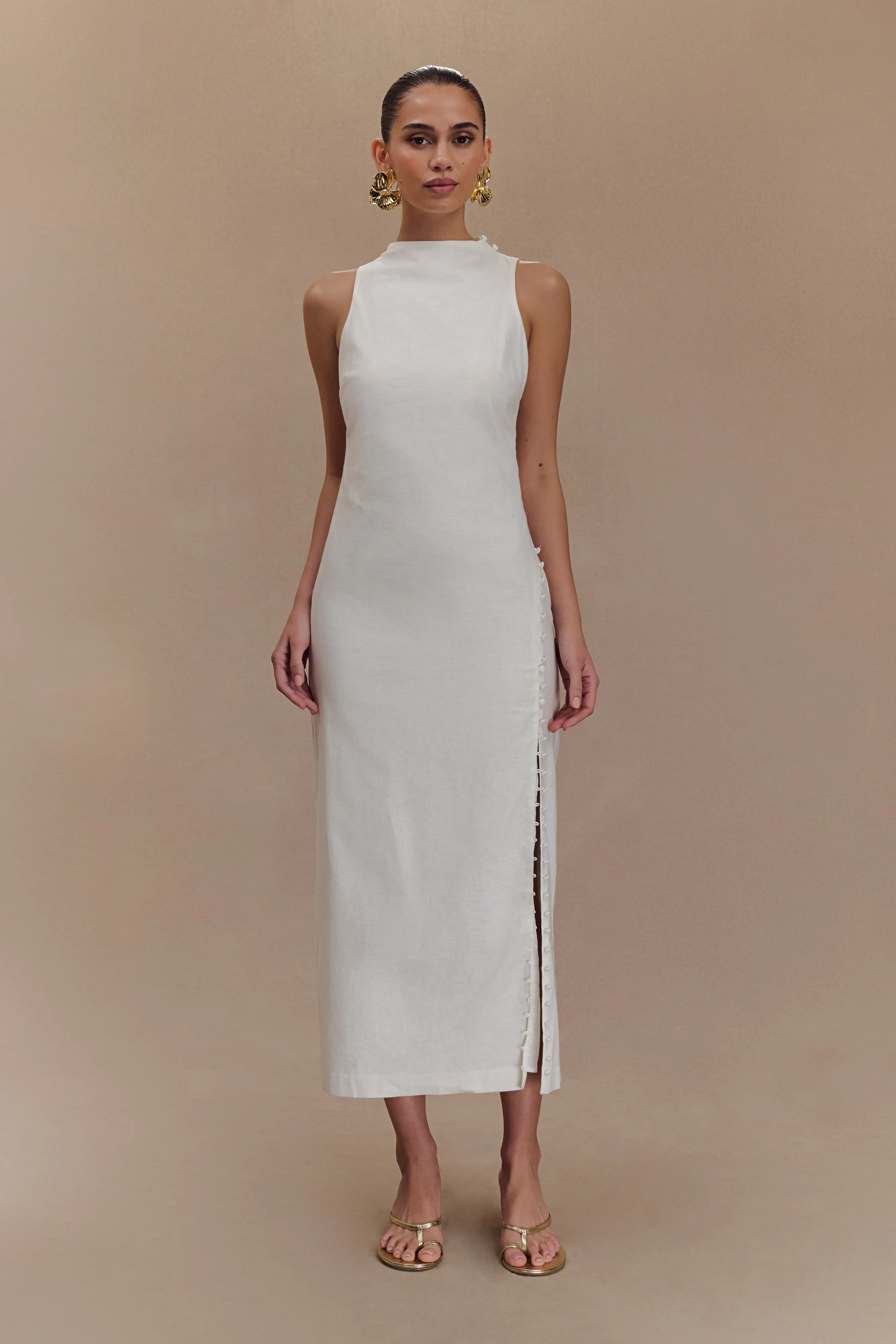Bronte Linen Button Midi Dress - White