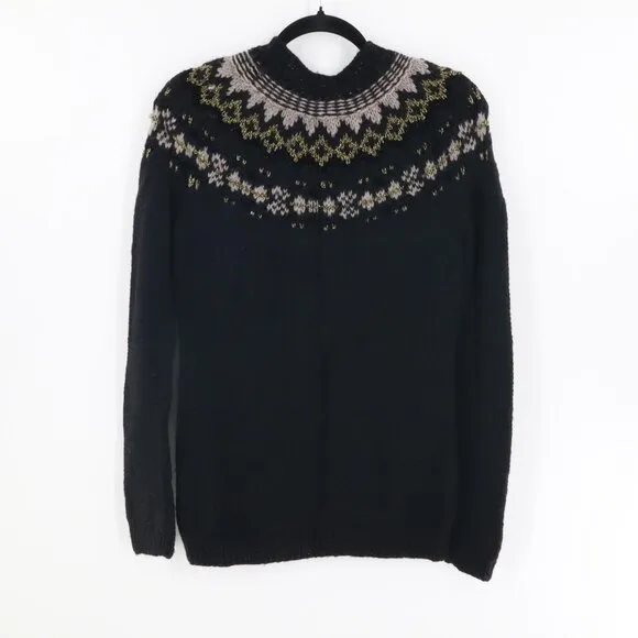 Brooks Brothers Wool Fair Isle Sweater Womens S Black Hand Knit Snow Winter Warm