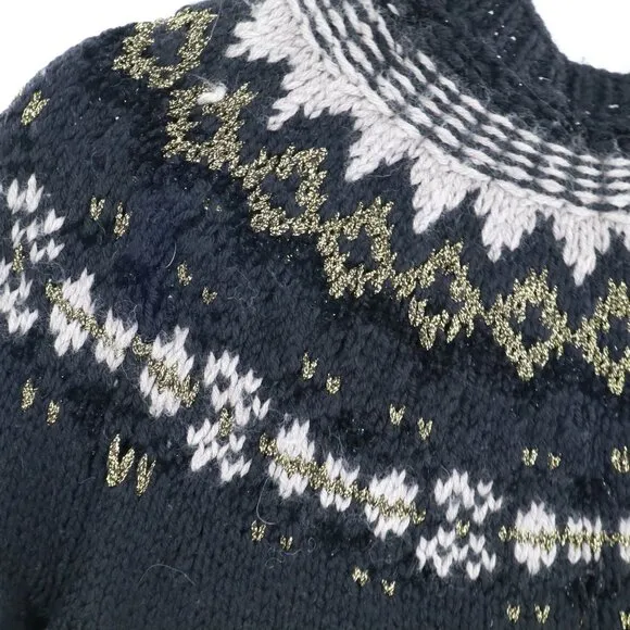 Brooks Brothers Wool Fair Isle Sweater Womens S Black Hand Knit Snow Winter Warm