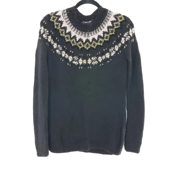 Brooks Brothers Wool Fair Isle Sweater Womens S Black Hand Knit Snow Winter Warm