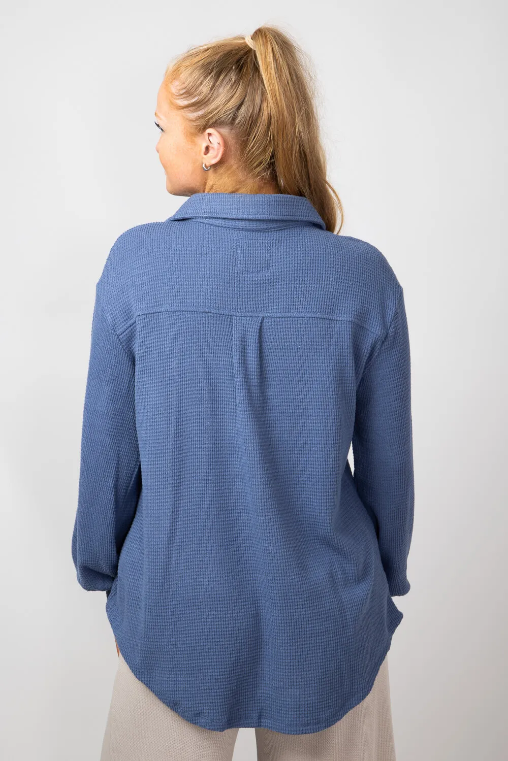 C&C California Luxe Waffle Button Up Shirt for Women in Indigo | 89B02725-INDIGO