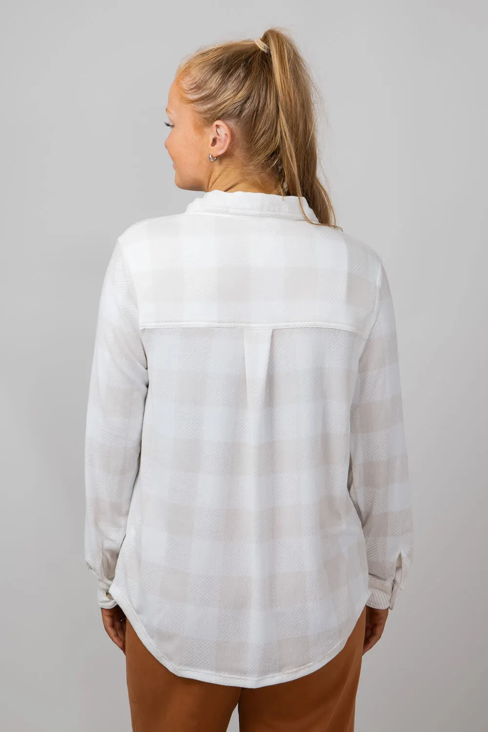 C&C California Marina Luxe Button Up Shirt for Women in Moonbeam Buffalo | 89B01934B-A819
