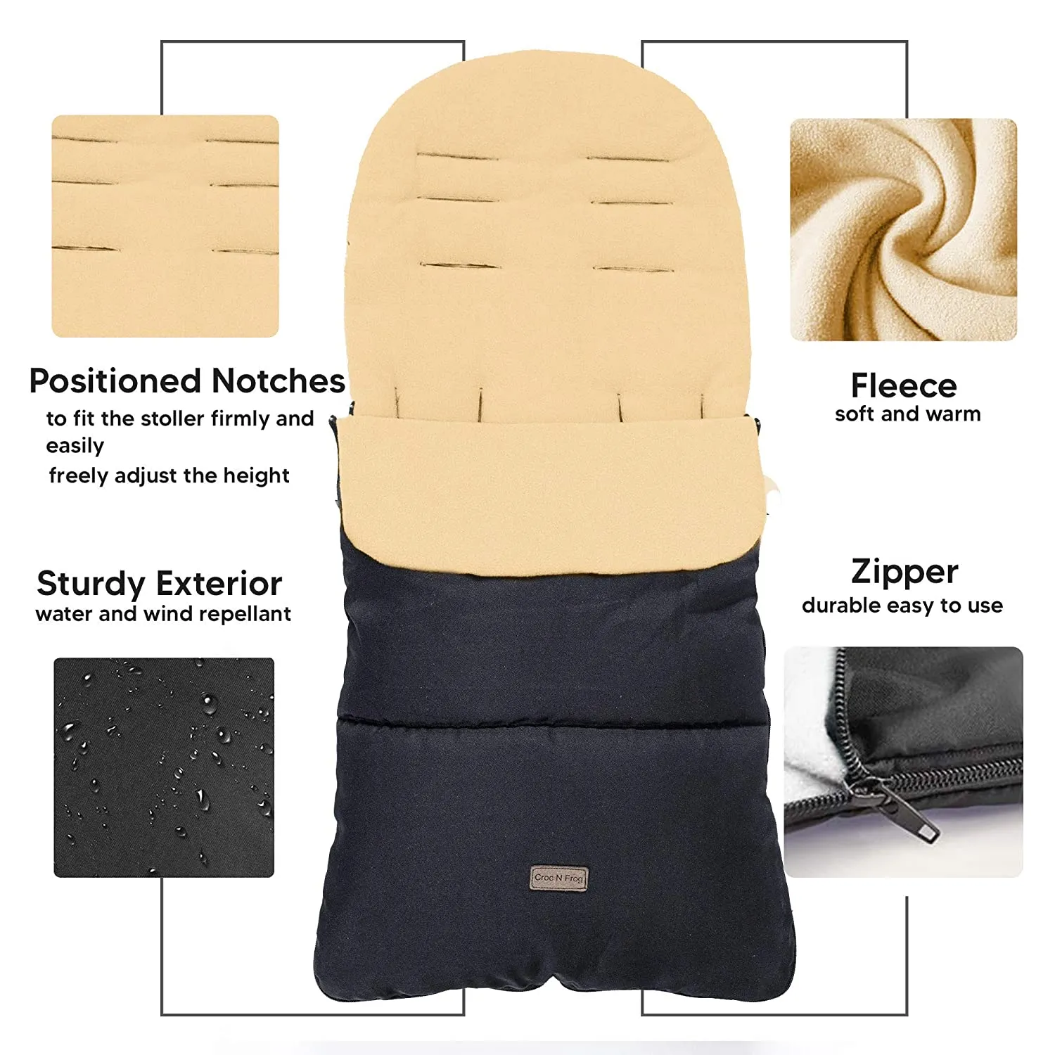 CrocnFrog Baby Stroller Bunting Blanket | Toddler Universal Footmuff Sleeping Bag with Adjustable Side Zips | Beige