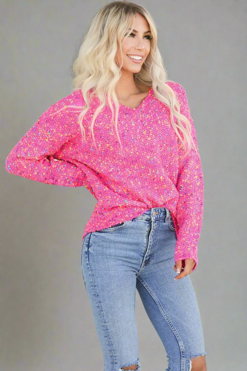 Dark Pink Colorful Spot Confetti Knitted V-Neck Casual Sweater