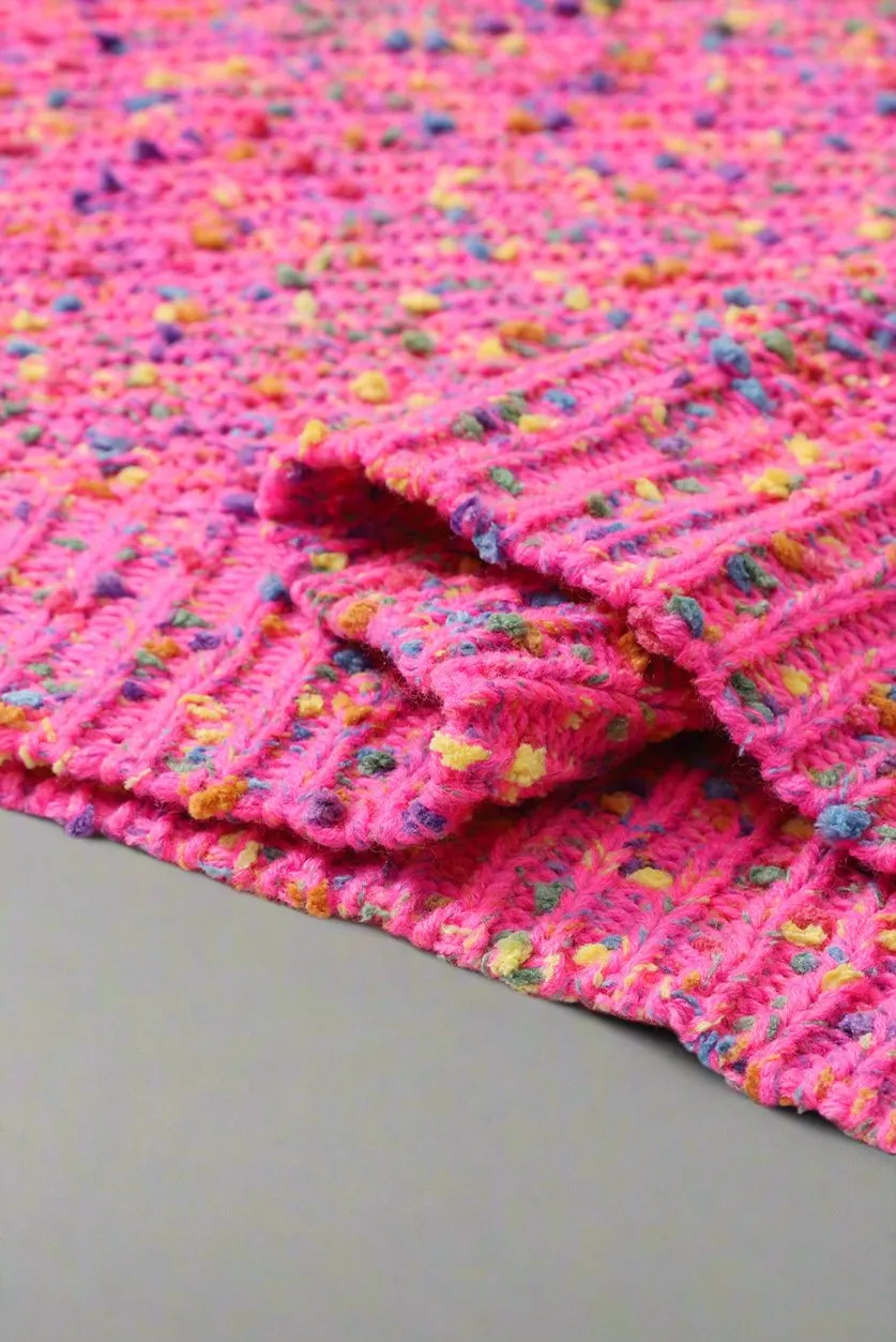 Dark Pink Colorful Spot Confetti Knitted V-Neck Casual Sweater