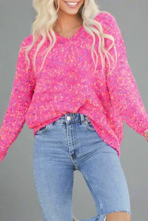 Dark Pink Colorful Spot Confetti Knitted V-Neck Casual Sweater