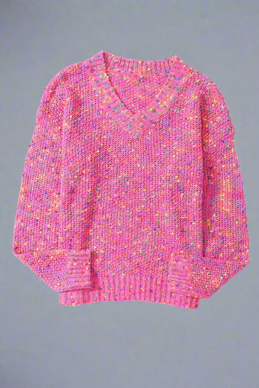Dark Pink Colorful Spot Confetti Knitted V-Neck Casual Sweater