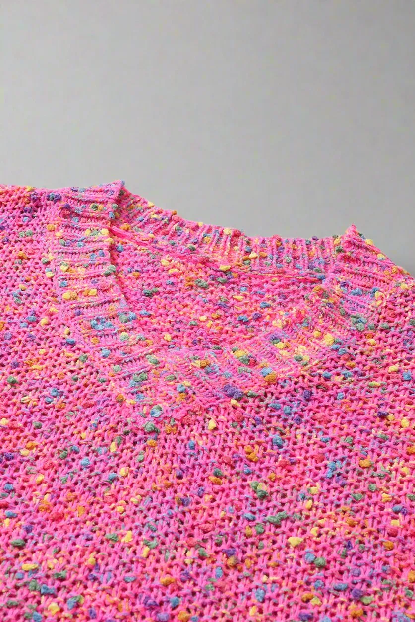 Dark Pink Colorful Spot Confetti Knitted V-Neck Casual Sweater