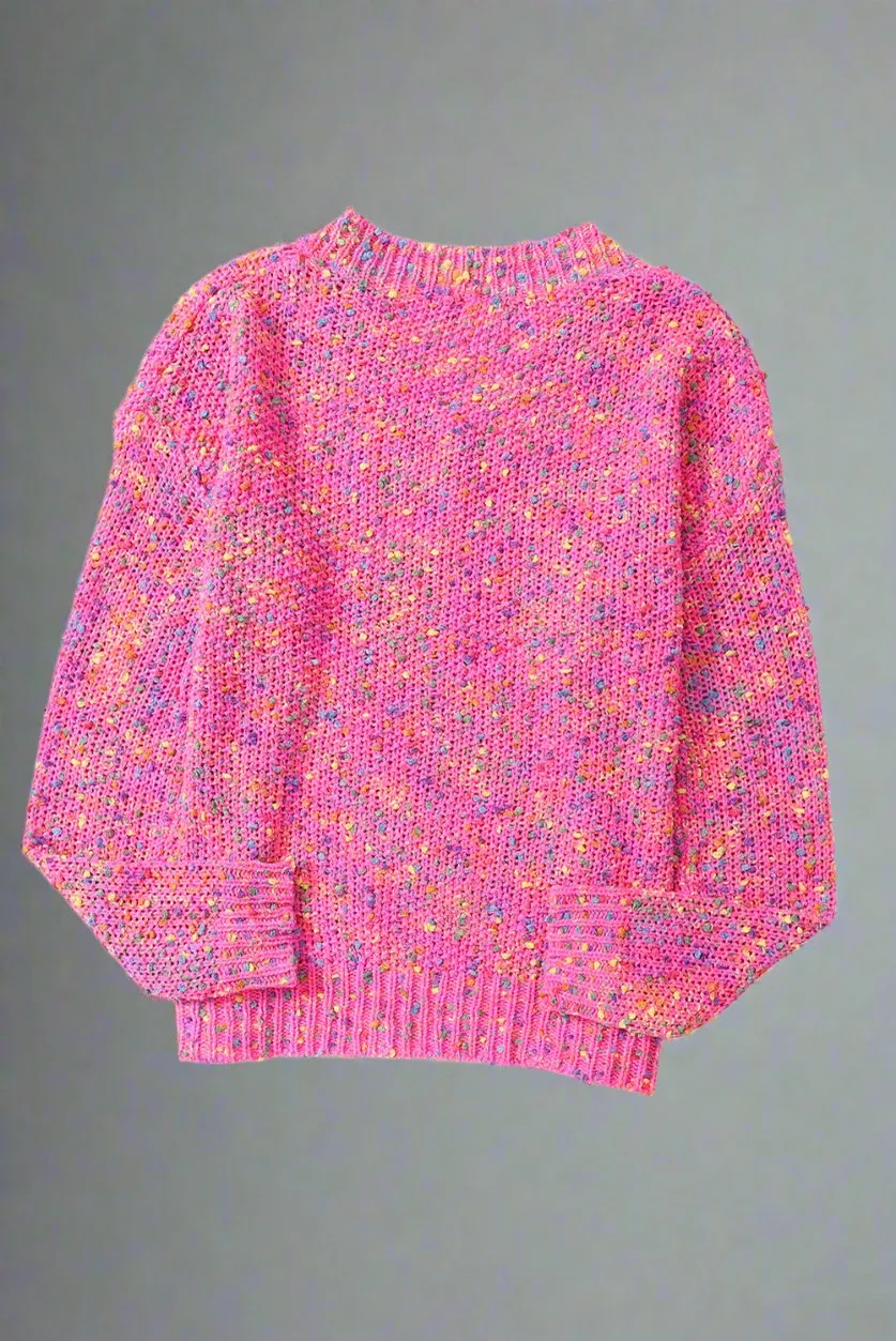 Dark Pink Colorful Spot Confetti Knitted V-Neck Casual Sweater