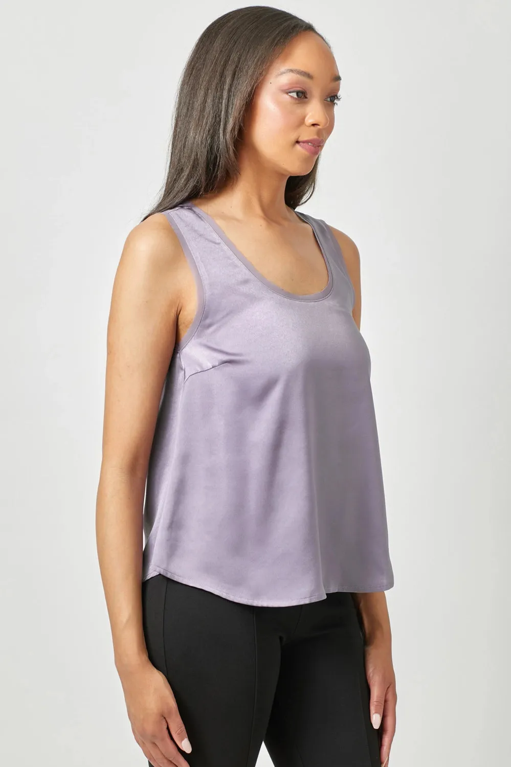 Dressy Scoop Neck Satin Shell with Mesh Trim