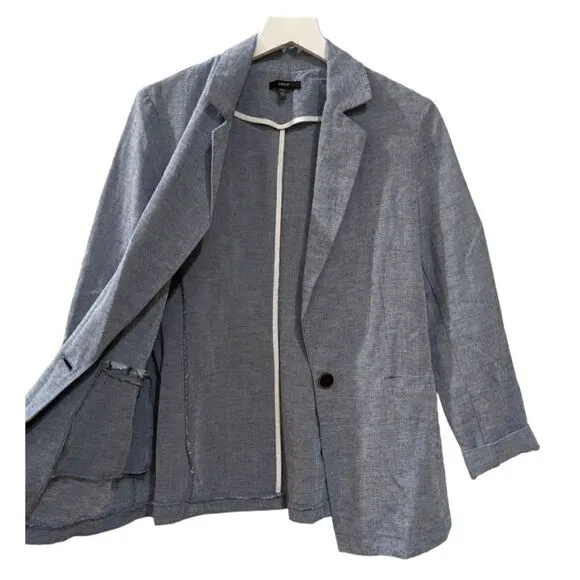 DREW Anthropologie Linen Blend Chambray Blue One Button Blazer Women Size Small