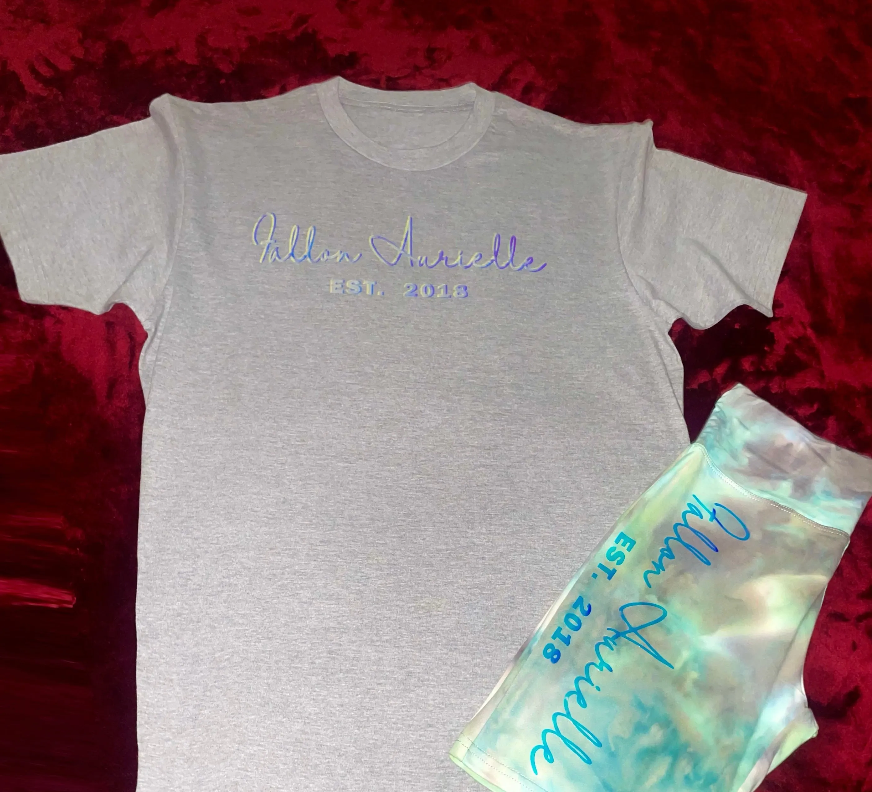 Fallon Aurielle Signature EST. 2018 Tie Dye Biker Shorts (Gray, Holographic & Green Tie Dye)