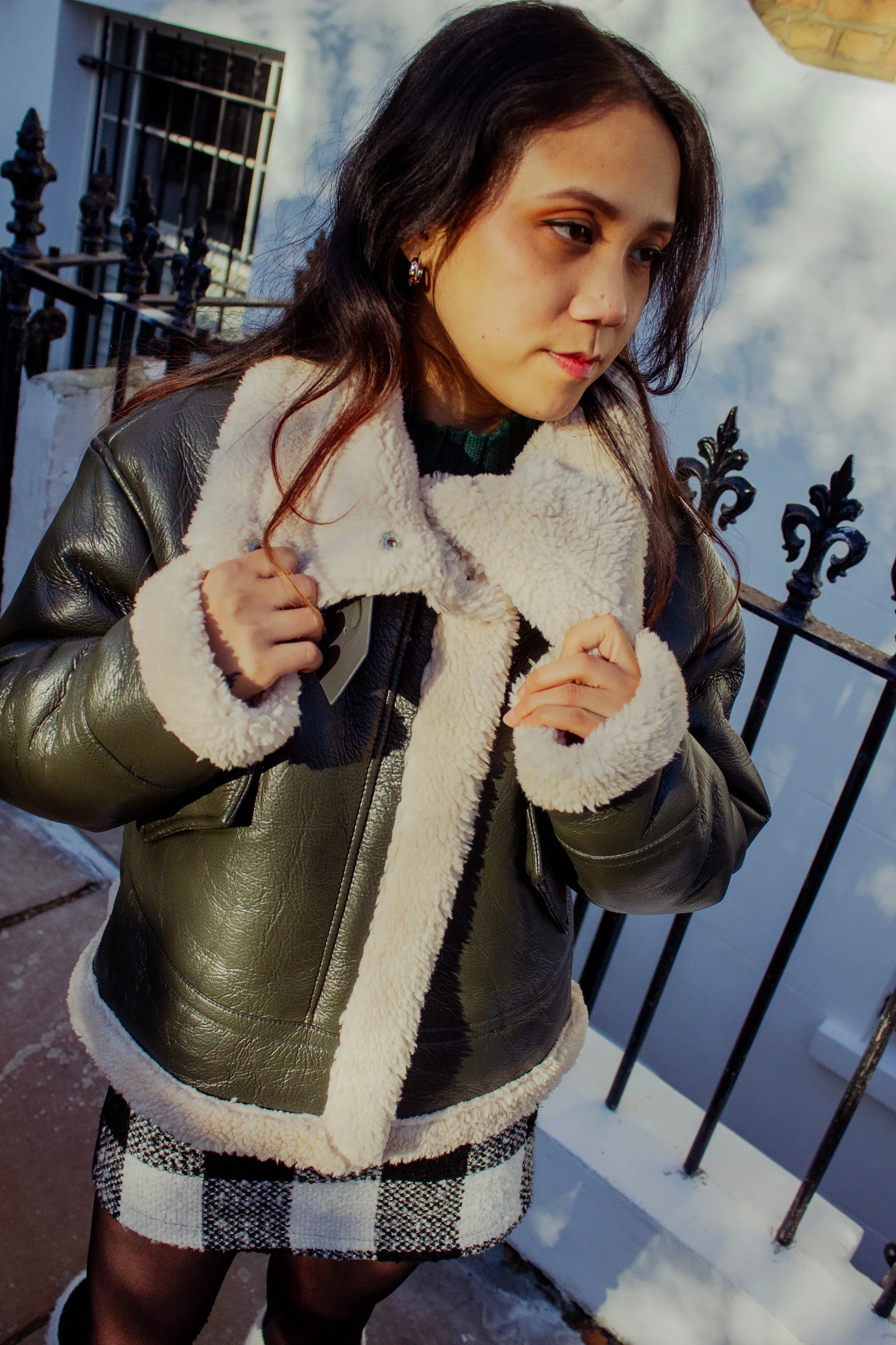 Faux Leather Fluffy Trim Biker Jacket