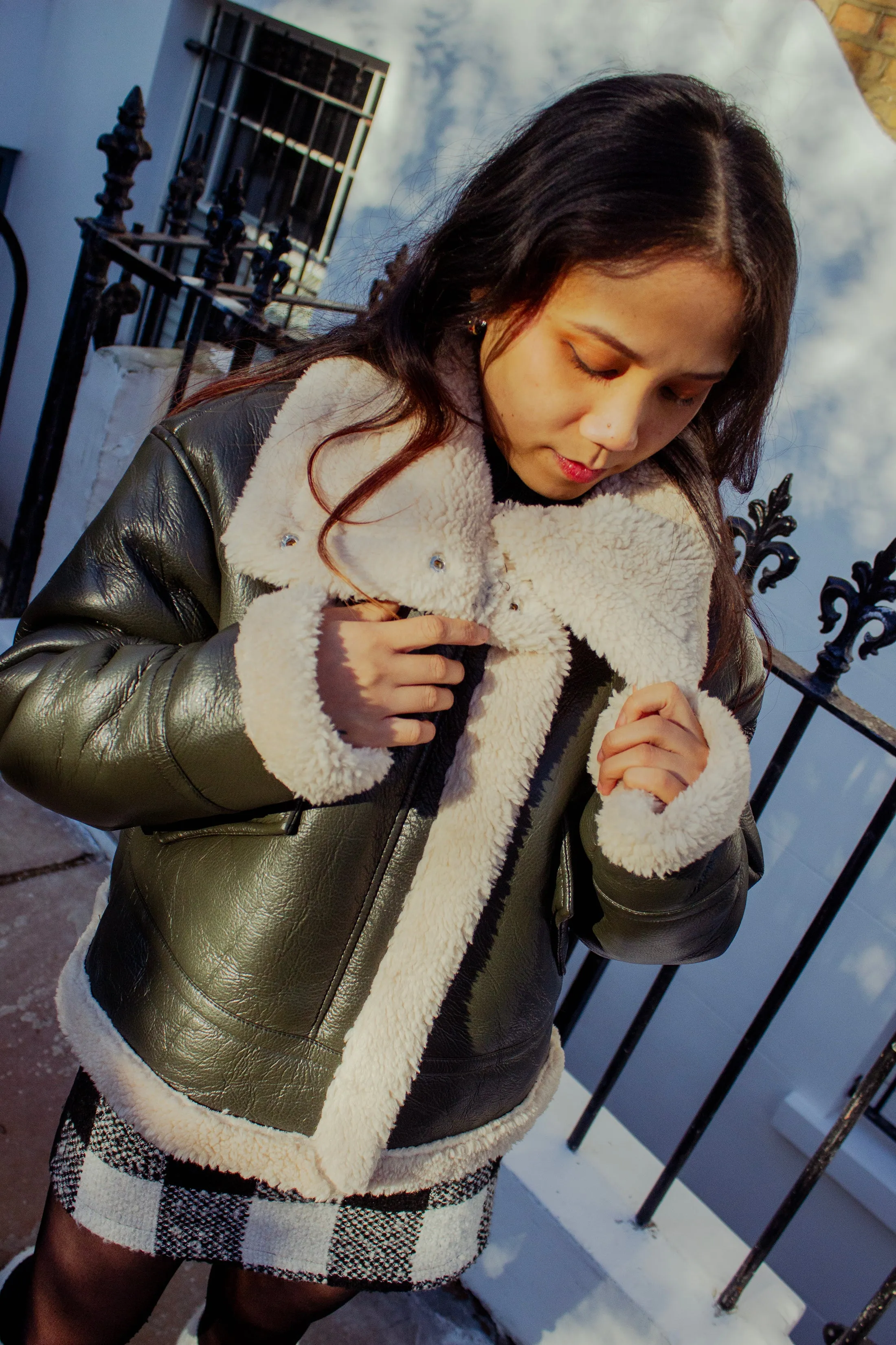 Faux Leather Fluffy Trim Biker Jacket