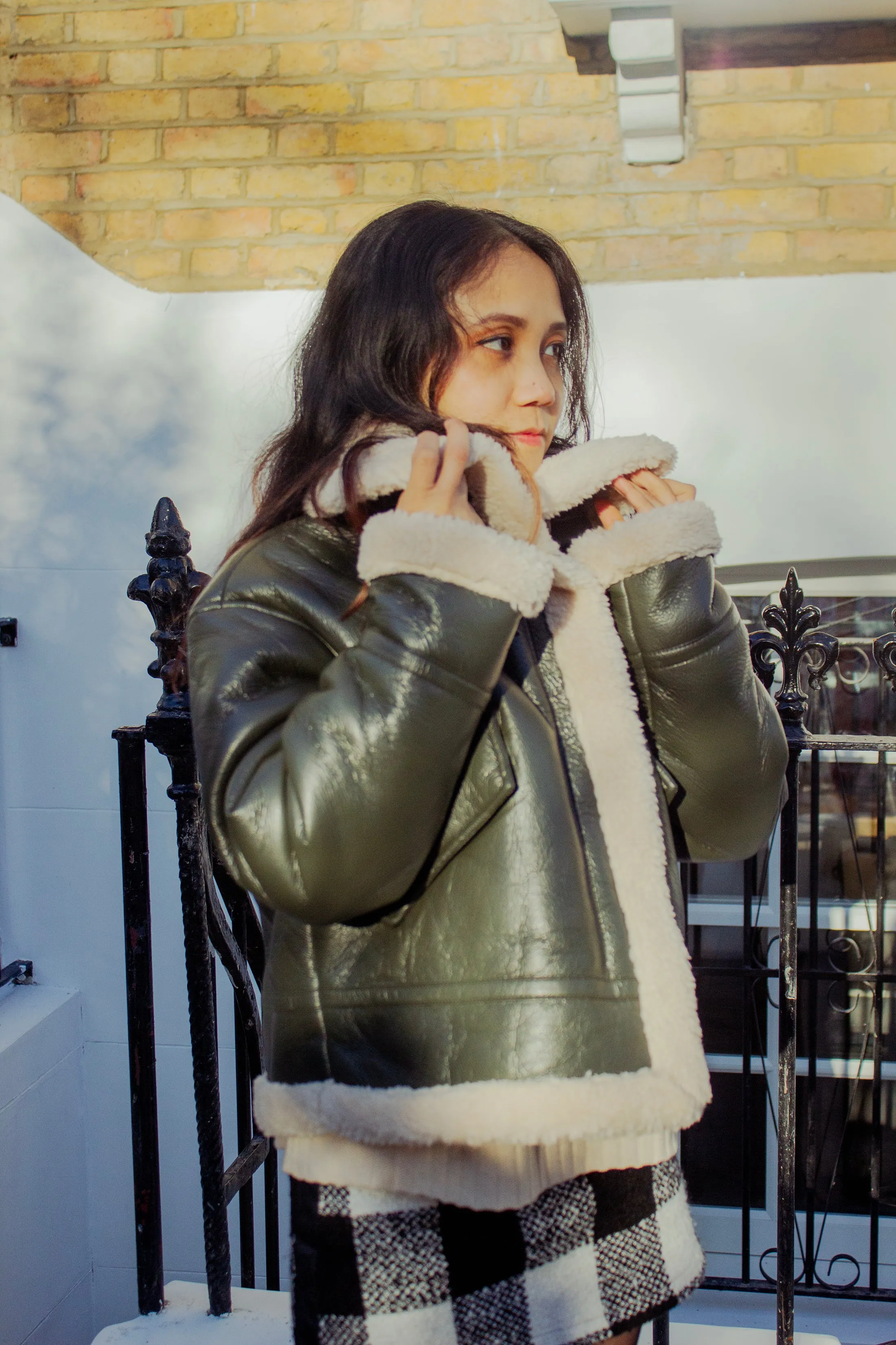 Faux Leather Fluffy Trim Biker Jacket