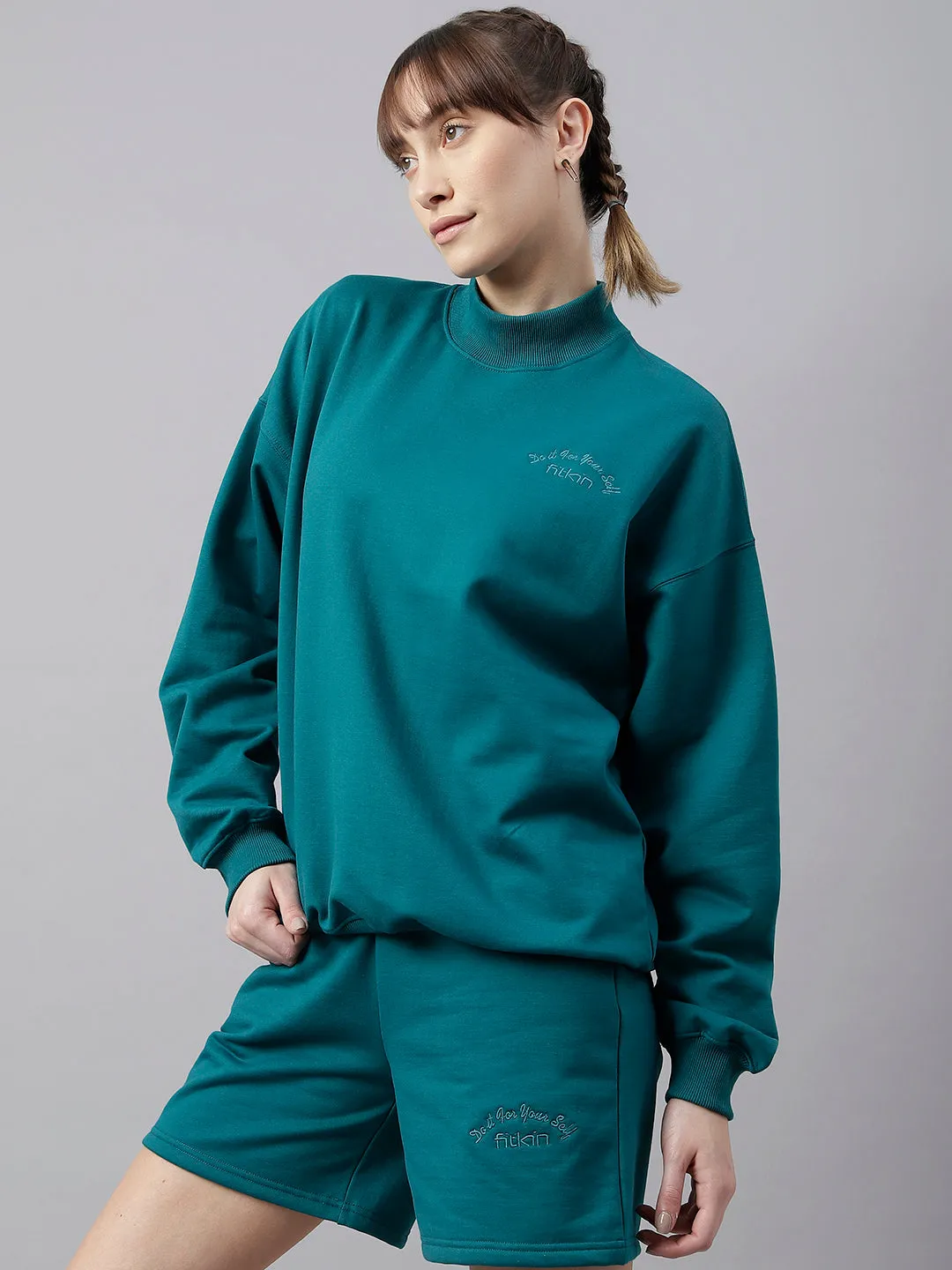 Fitkin Women Green Crew Neck Oversized Sweatshirt