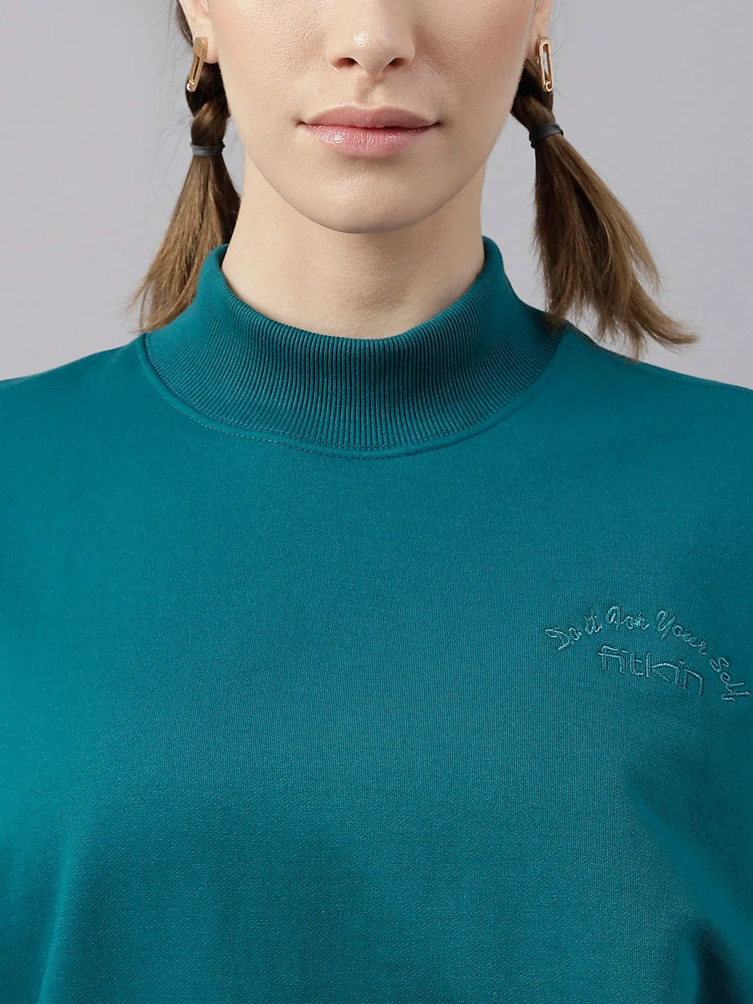 Fitkin Women Green Crew Neck Oversized Sweatshirt